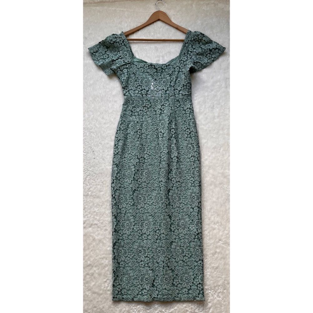 NWT Zara Green Lace V-Neck Short Sleeve Front Slit Hem Midi Dress, Size Small - Picture 14 of 16
